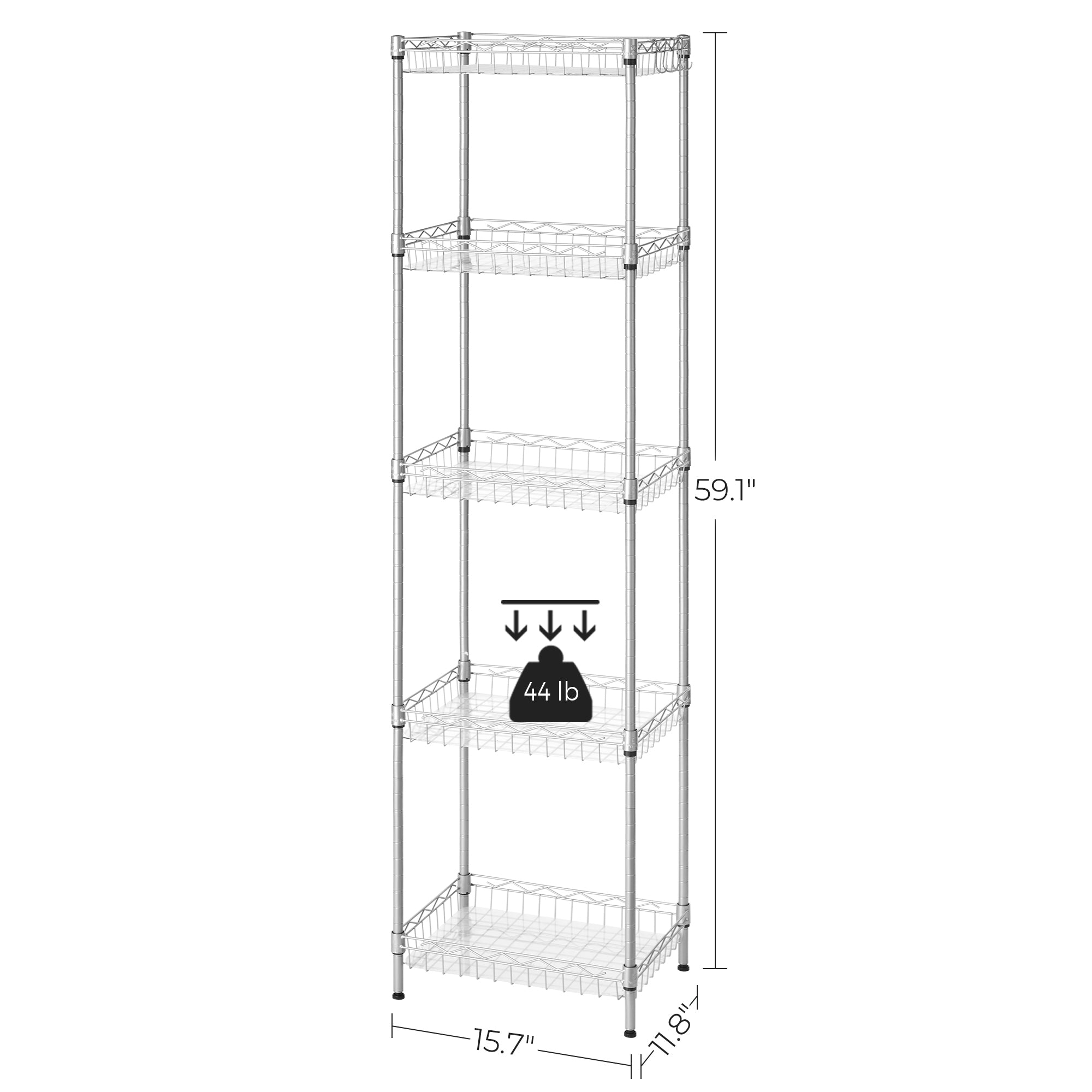 5-Tier Metal Storage Unit – Metal – Black – Adjustable Shelves with Hooks