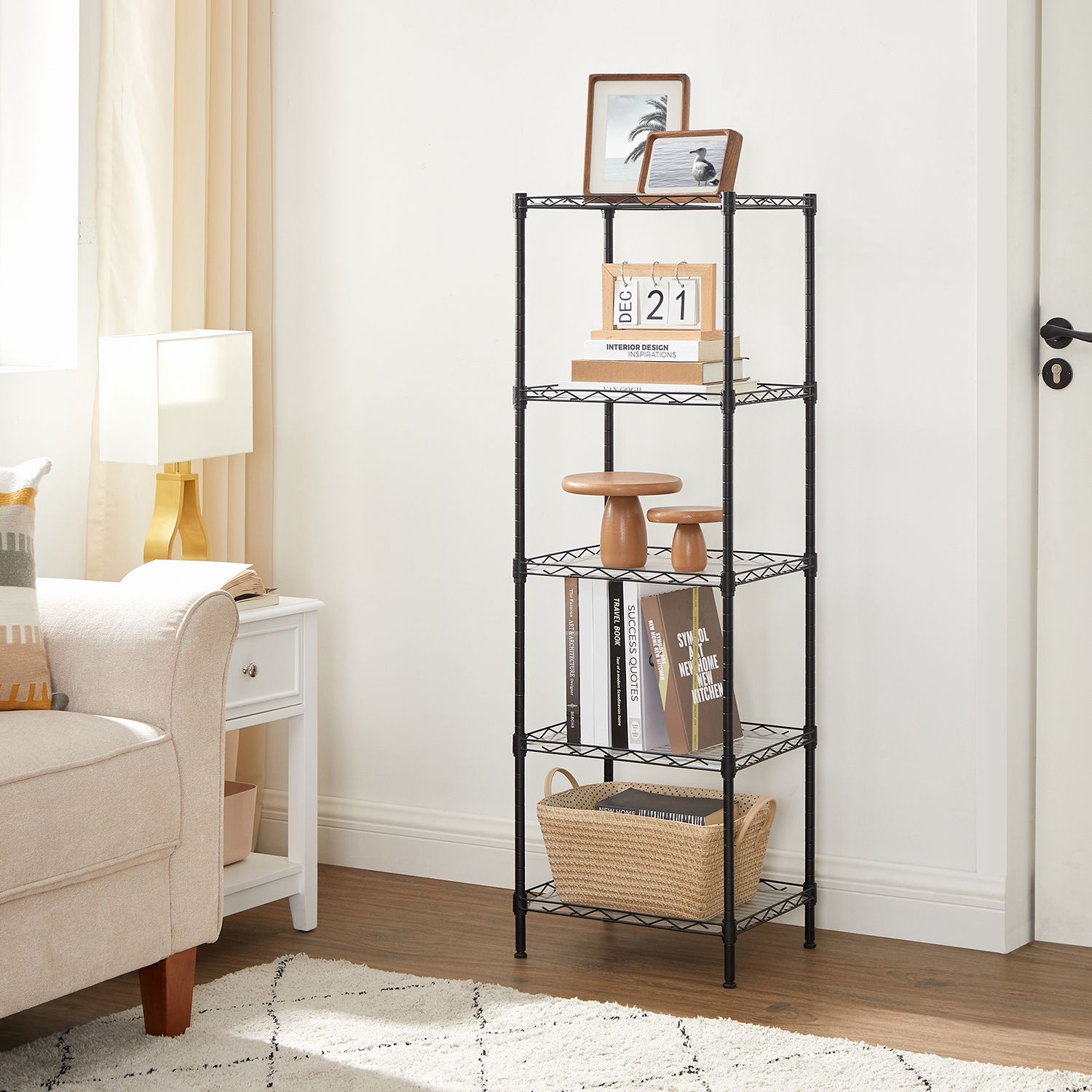 5-Tier Wire Shelving Unit – Metal – Black – Adjustable Shelves and Hooks, 100 kg Load Capacity