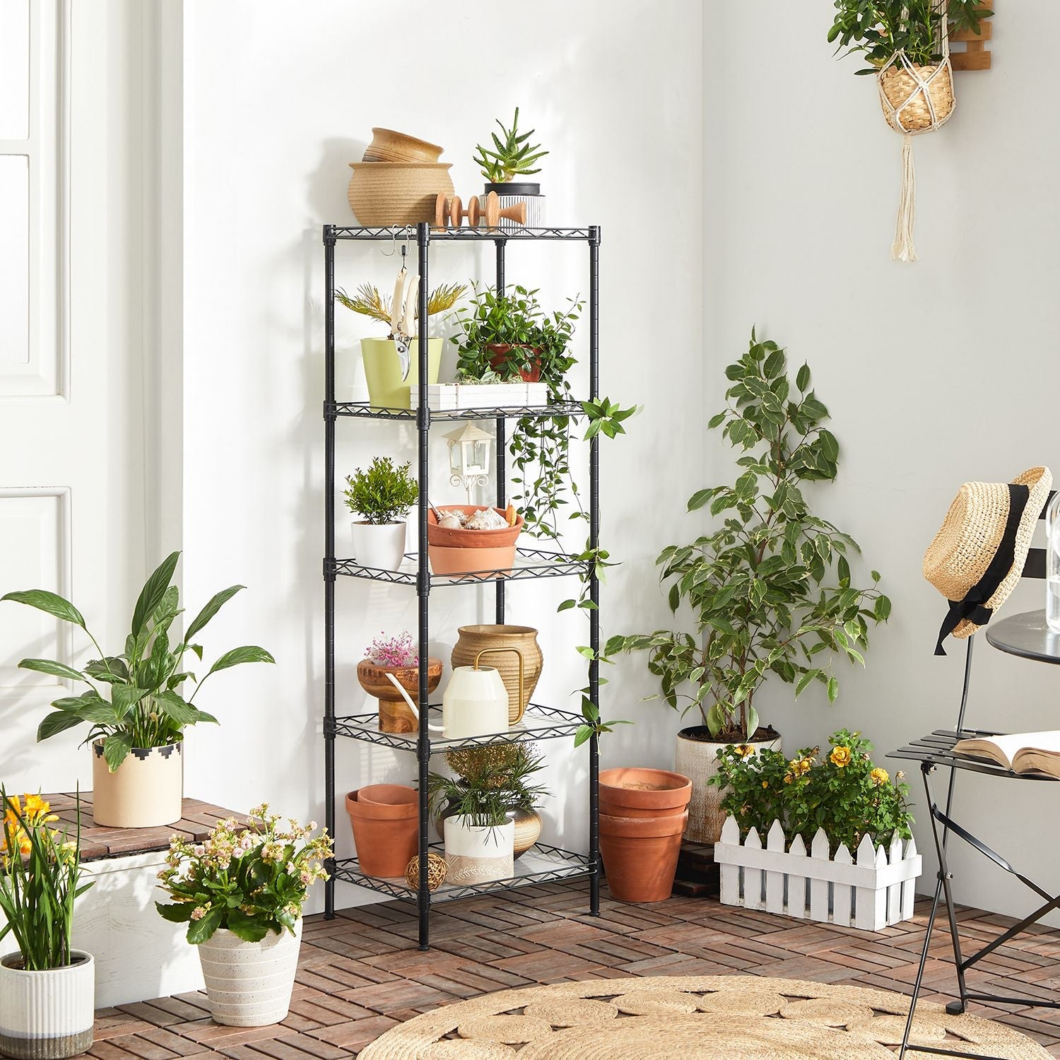 5-Tier Wire Shelving Unit – Metal – Black – Adjustable Shelves and Hooks, 100 kg Load Capacity
