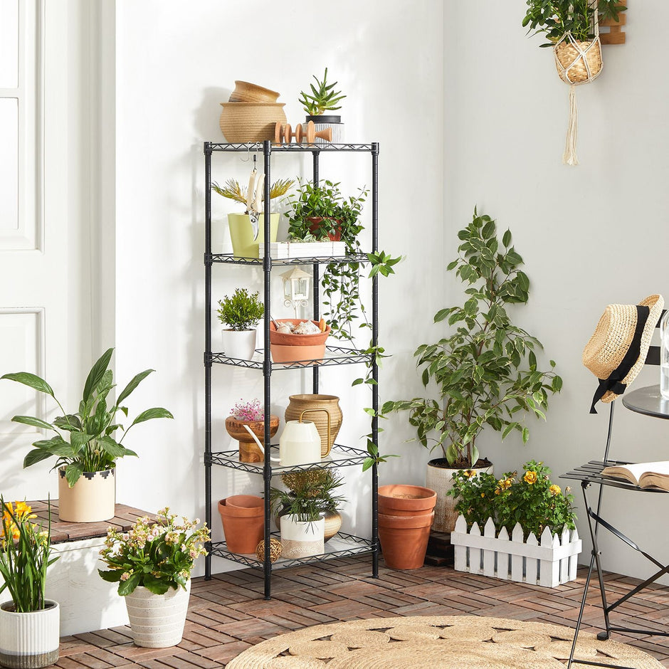5-Tier Wire Shelving Unit – Metal – Black – Adjustable Shelves and Hooks, 100 kg Load Capacity