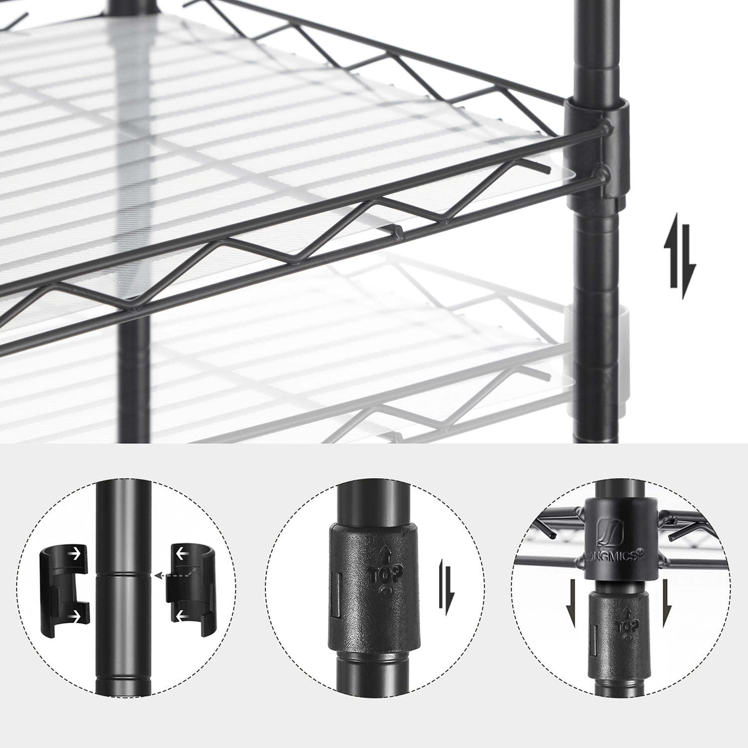5-Tier Wire Shelving Unit – Metal – Black – Adjustable Shelves and Hooks, 100 kg Load Capacity