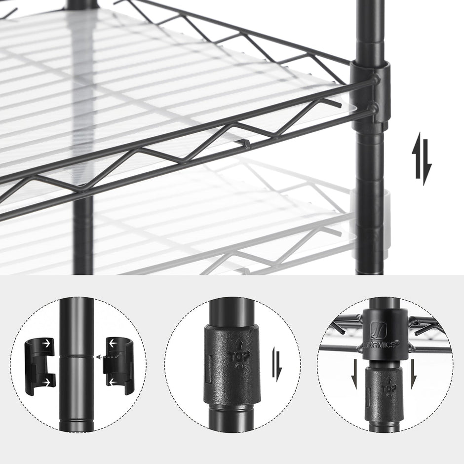 5-Tier Wire Shelving Unit – Metal – Black – Adjustable Shelves and Hooks, 100 kg Load Capacity