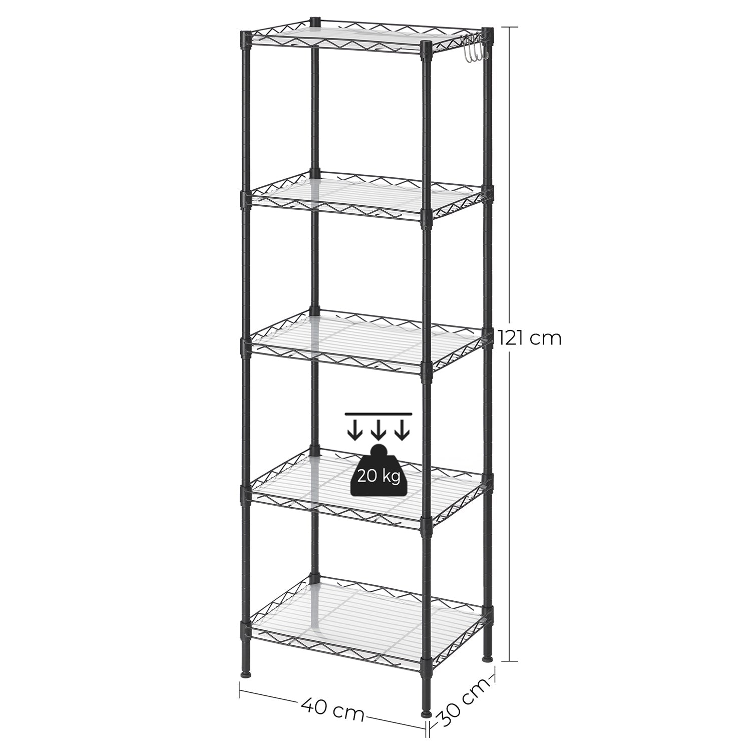 5-Tier Wire Shelving Unit – Metal – Black – Adjustable Shelves and Hooks, 100 kg Load Capacity