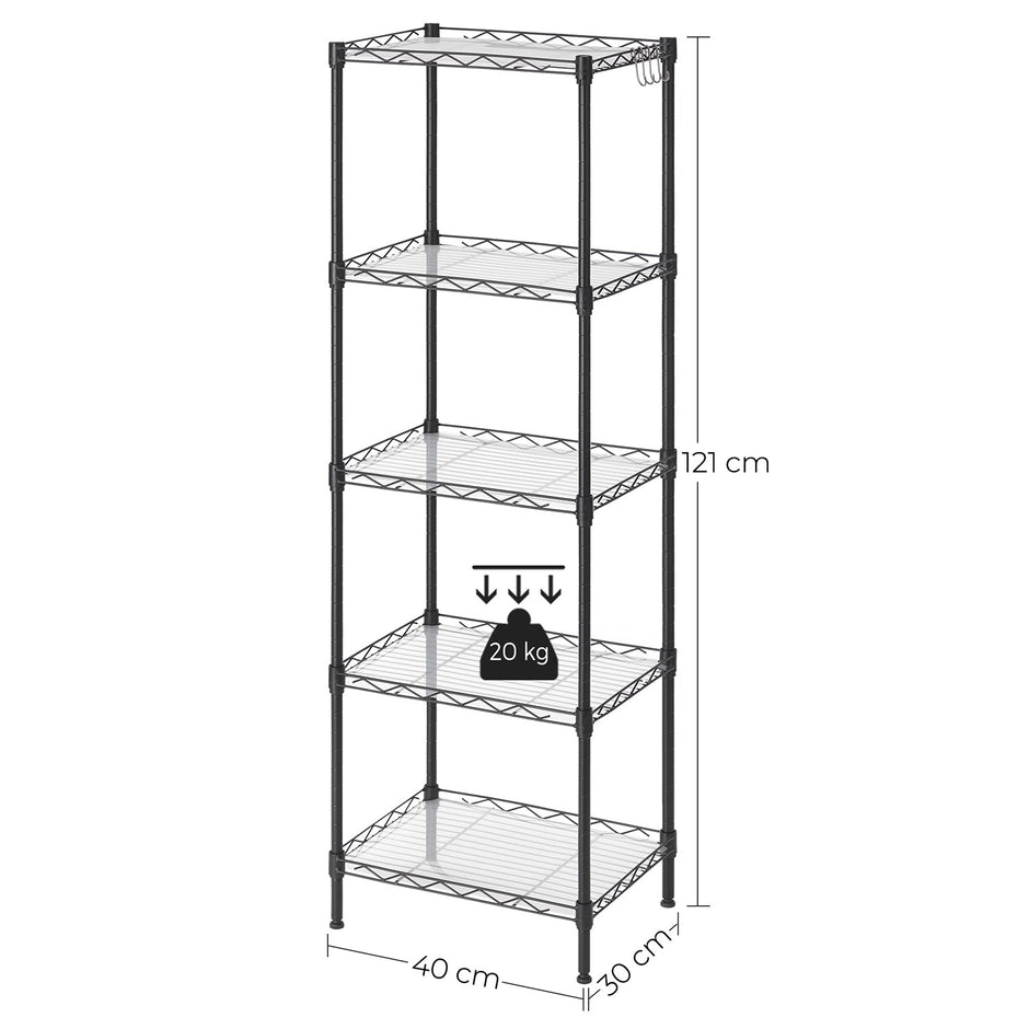 5-Tier Wire Shelving Unit – Metal – Black – Adjustable Shelves and Hooks, 100 kg Load Capacity