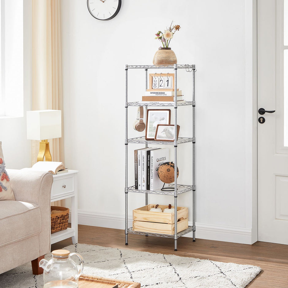 Metal Shelving Unit – Metal – Black – Adjustable Shelves with Hooks and High Load Capacity