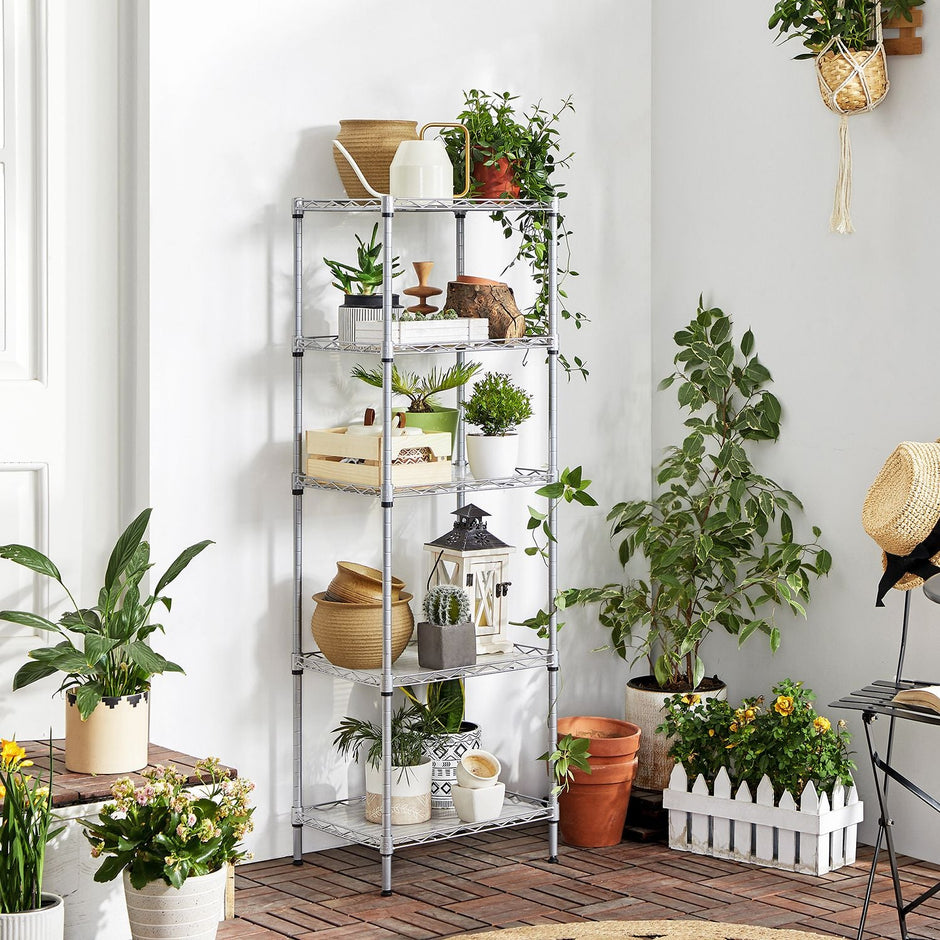 Metal Shelving Unit – Metal – Black – Adjustable Shelves with Hooks and High Load Capacity