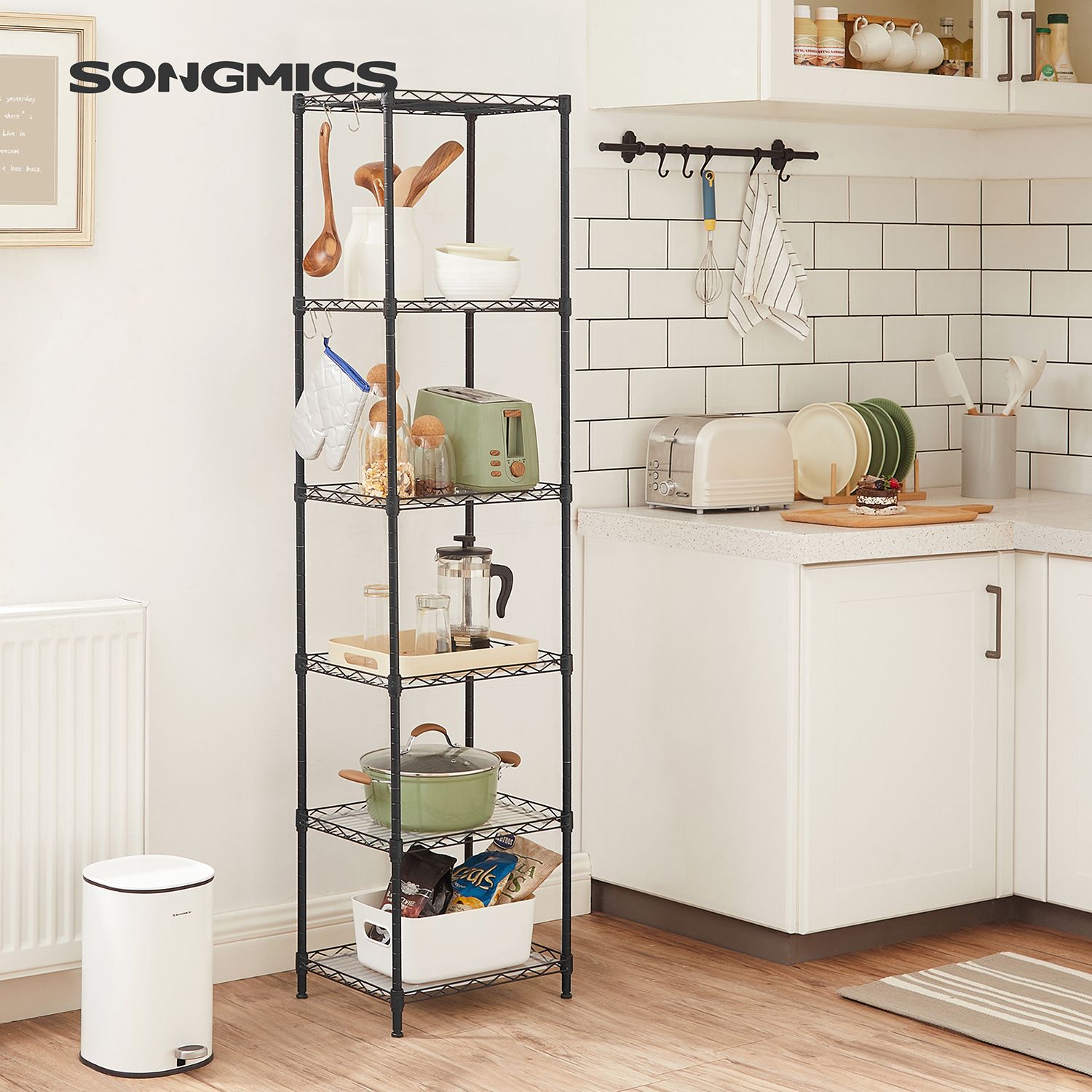 6-Tier Wire Shelving Unit – Metal – Ink Black – Adjustable Shelves with Shelf Liners and Hooks