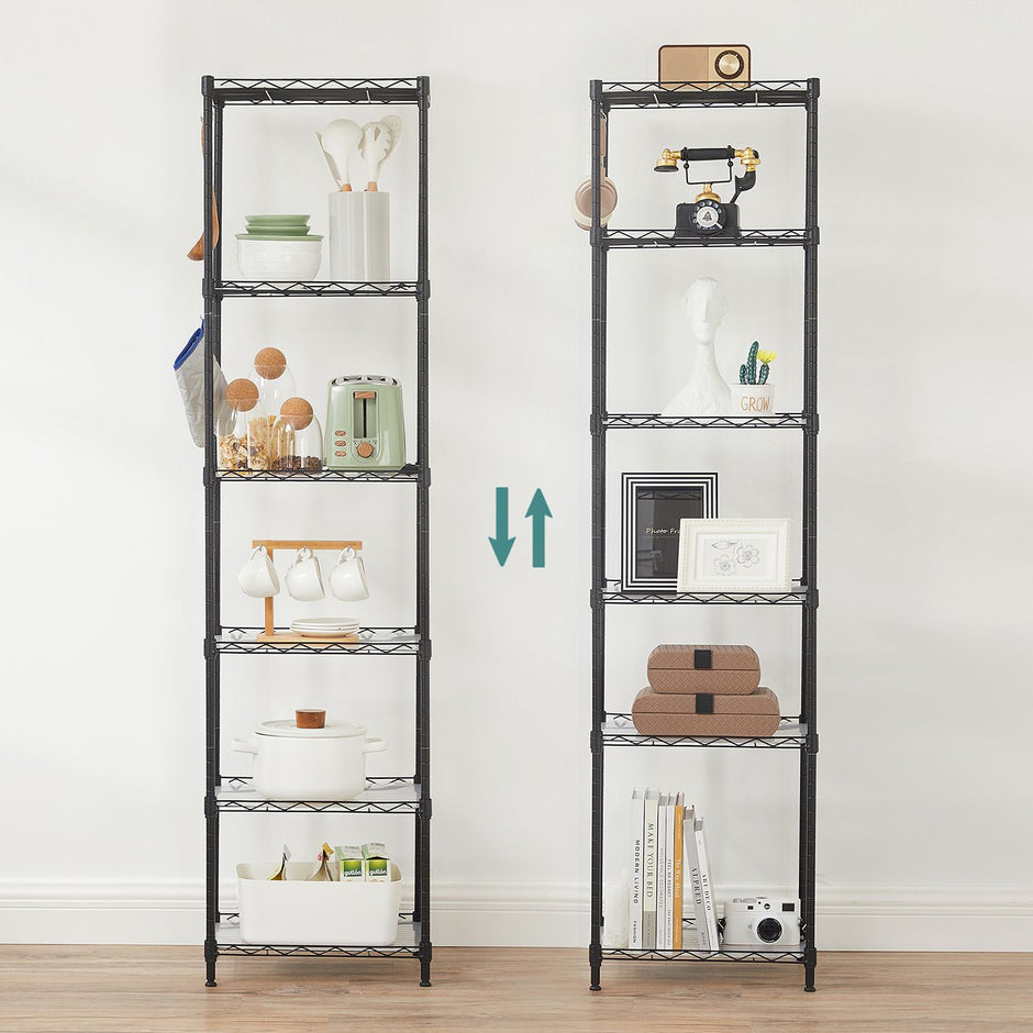 6-Tier Wire Shelving Unit – Metal – Ink Black – Adjustable Shelves with Shelf Liners and Hooks