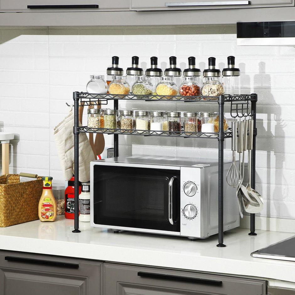 Microwave Oven Rack – Metal – Charcoal Grey – 2-Tier with Adjustable Shelves and Hooks
