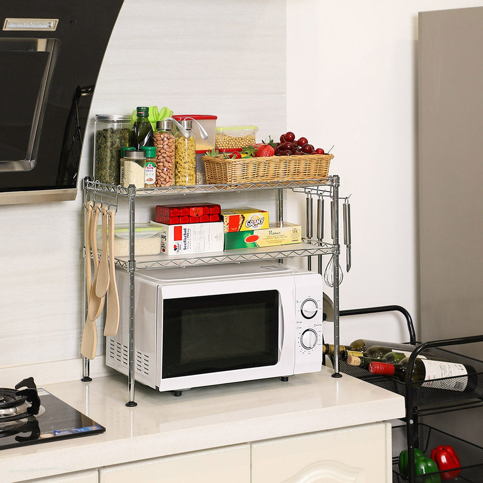 Microwave Oven Rack – Metal – Charcoal Grey – 2-Tier with Adjustable Shelves and Hooks
