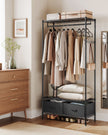 Clothes Rack – Metal and Fabric – Ink Black – Freestanding with Mesh Shelf and Drawers