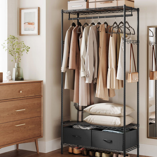 Clothes Rack – Metal and Fabric – Ink Black – Freestanding with Mesh Shelf and Drawers