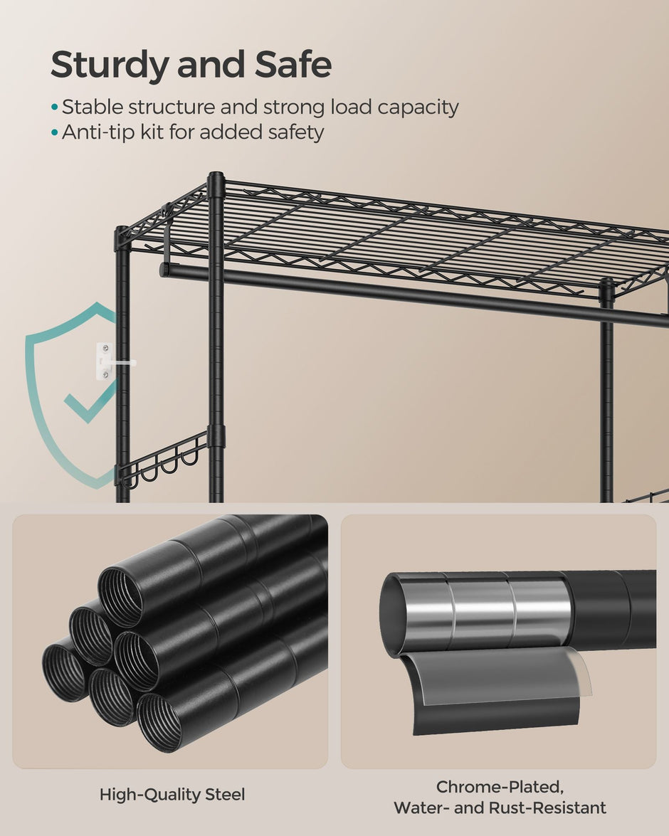 Clothes Rack – Metal and Fabric – Ink Black – Freestanding with Mesh Shelf and Drawers