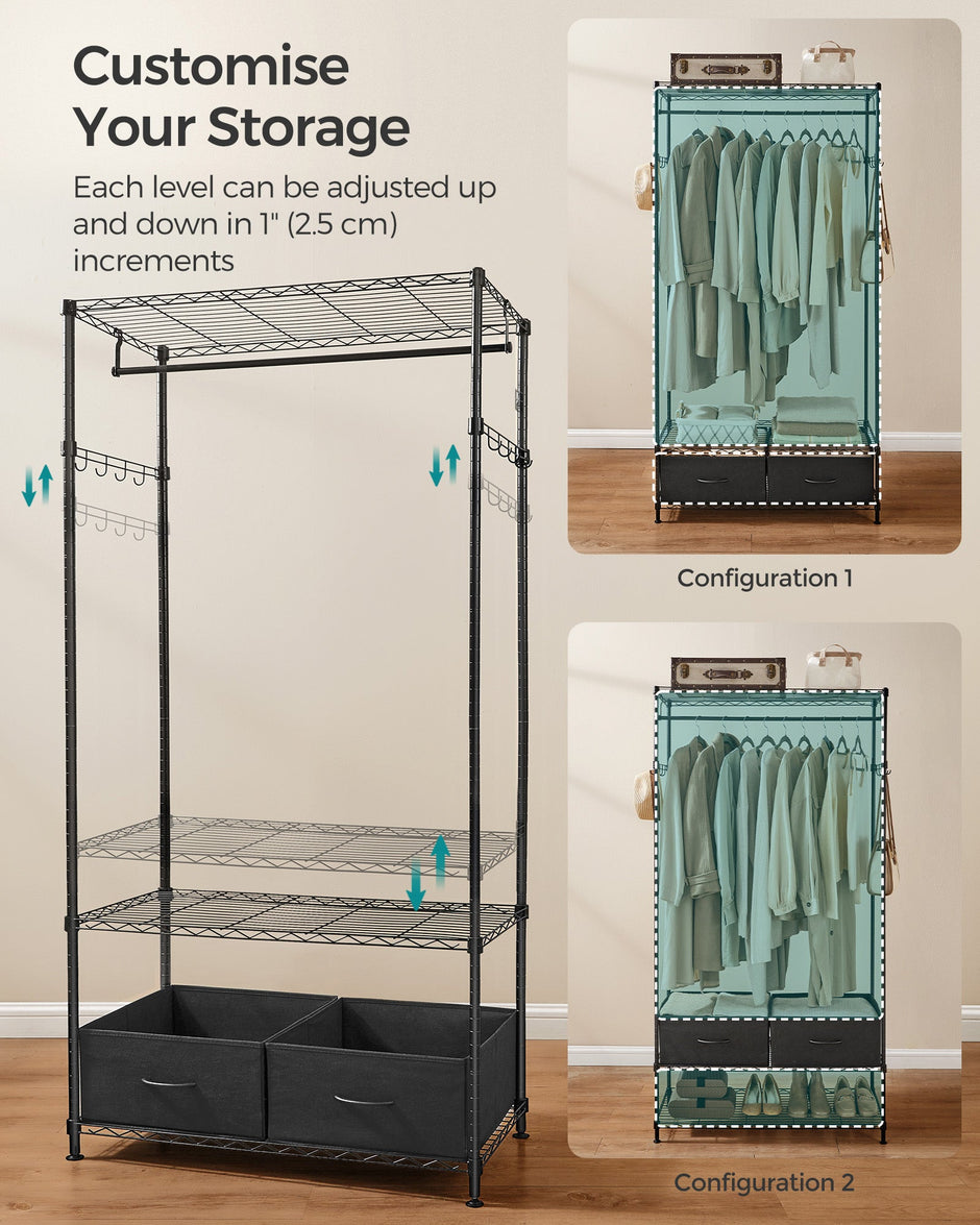 Clothes Rack – Metal and Fabric – Ink Black – Freestanding with Mesh Shelf and Drawers