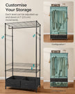 Clothes Rack – Metal and Fabric – Ink Black – Freestanding with Mesh Shelf and Drawers