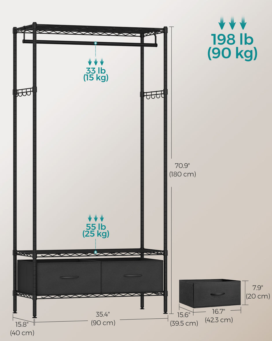 Clothes Rack – Metal and Fabric – Ink Black – Freestanding with Mesh Shelf and Drawers