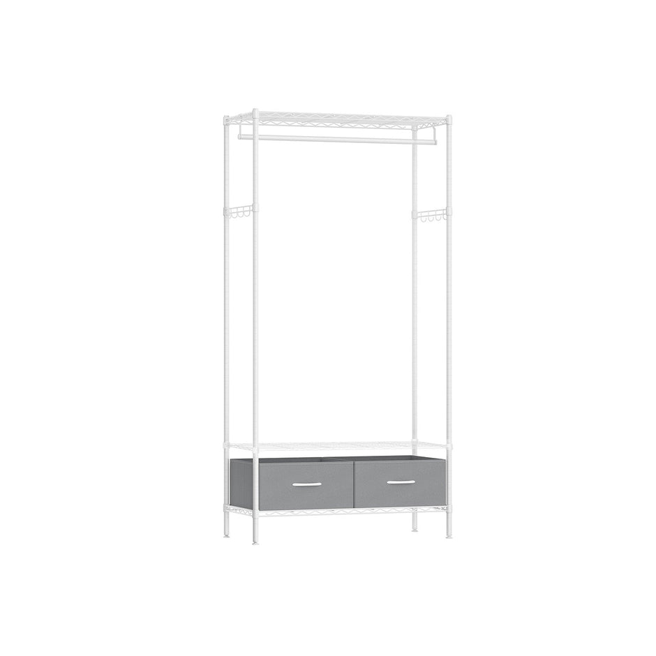 Clothes Rack – Metal and Fabric – Ink Black – Freestanding with Mesh Shelf and Drawers