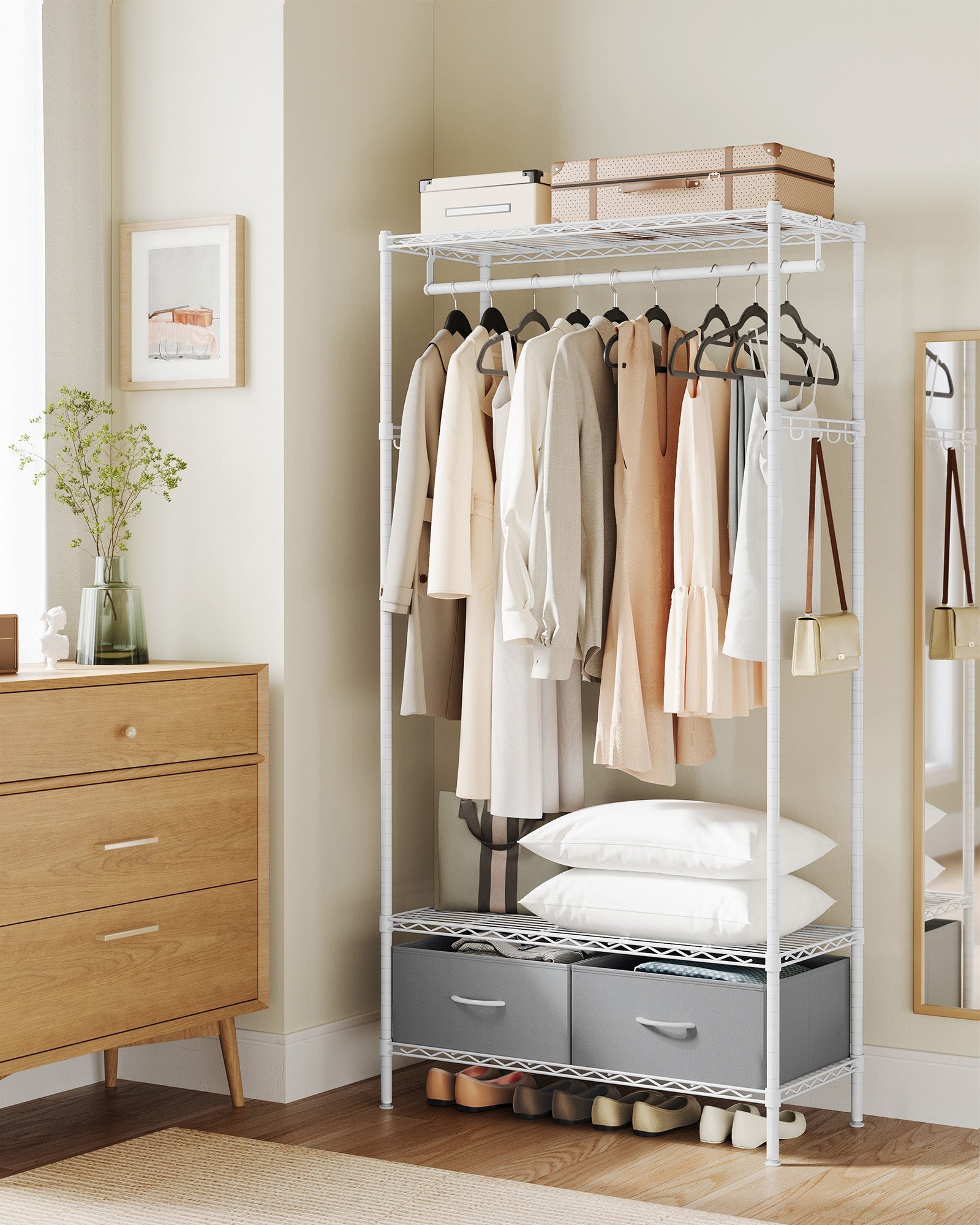 Clothes Rack – Metal and Fabric – Cloud White and Dove Grey – With Mesh Shelf and Drawers
