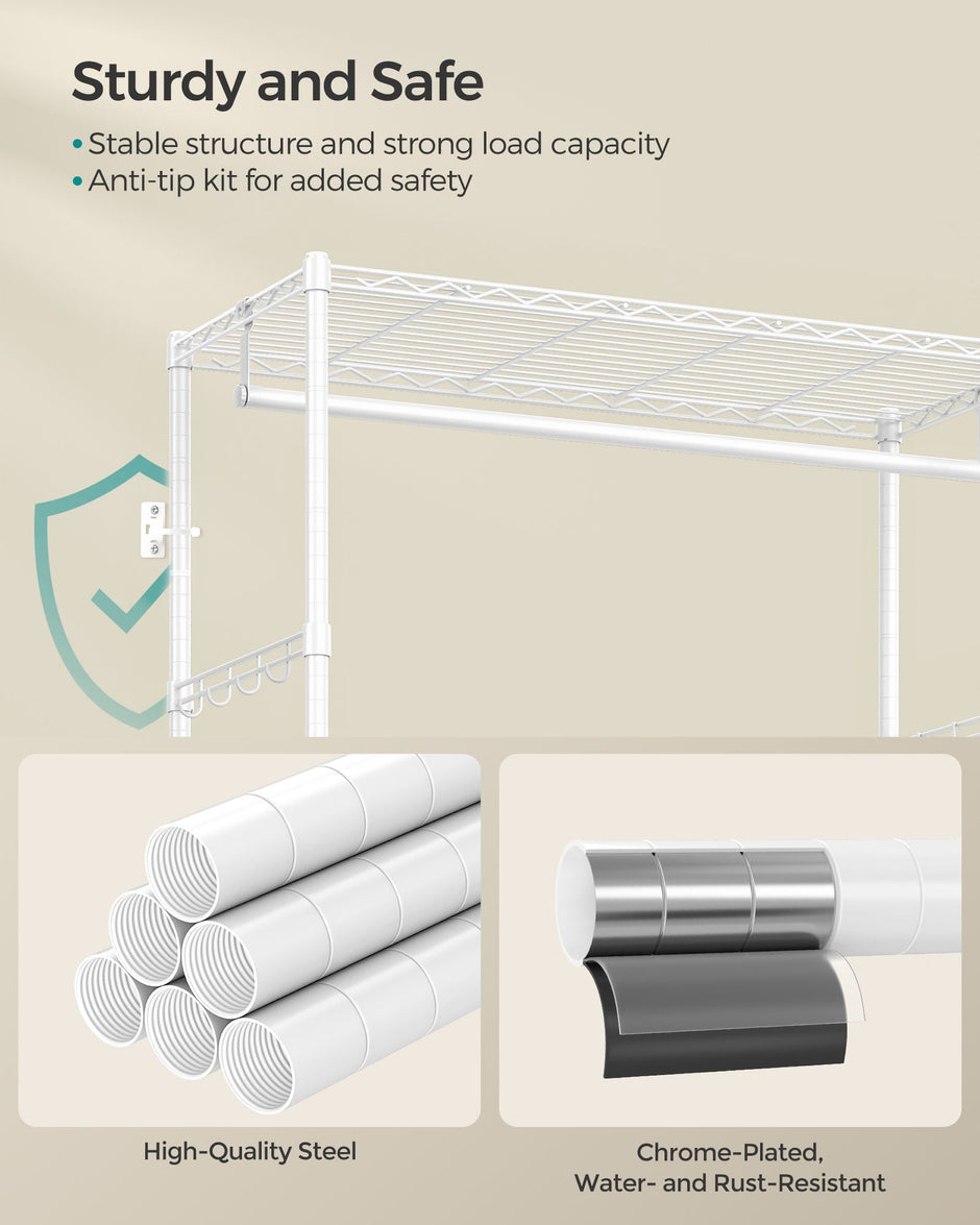 Clothes Rack – Metal and Fabric – Cloud White and Dove Grey – With Mesh Shelf and Drawers