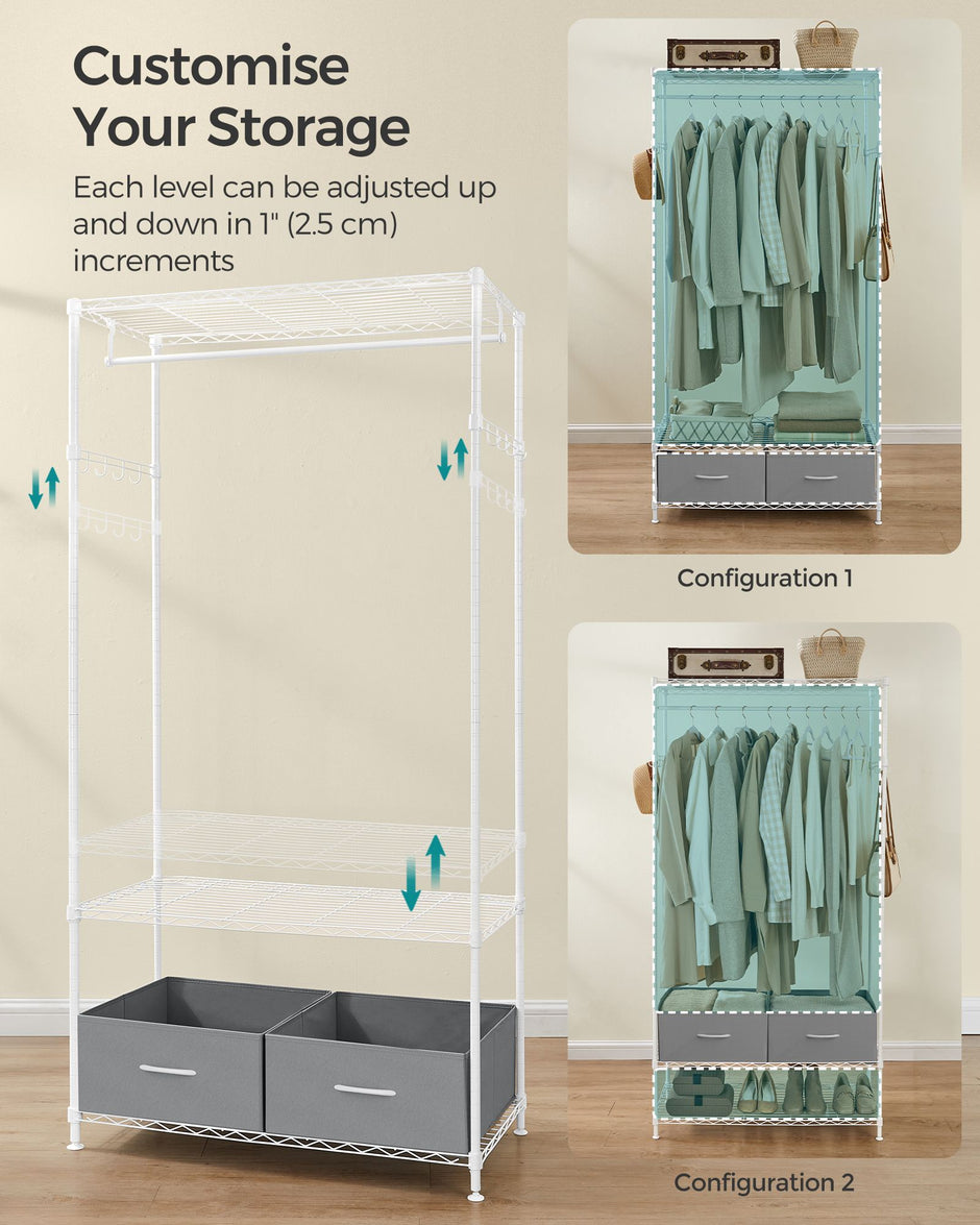 Clothes Rack – Metal and Fabric – Cloud White and Dove Grey – With Mesh Shelf and Drawers