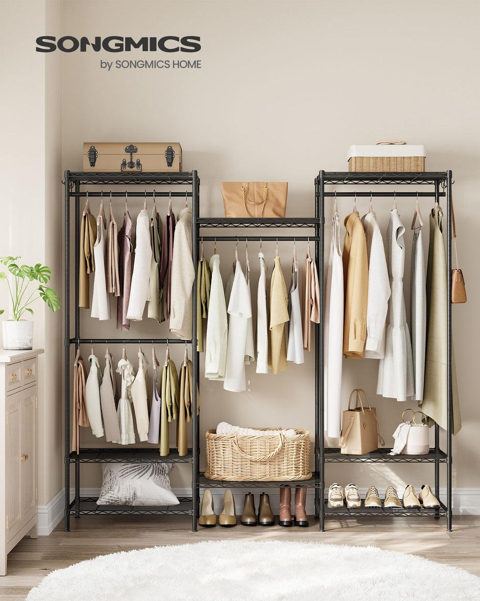 Portable Open Wardrobe – Metal – Ink Black – Heavy-Duty with Adjustable Shelves and Hooks