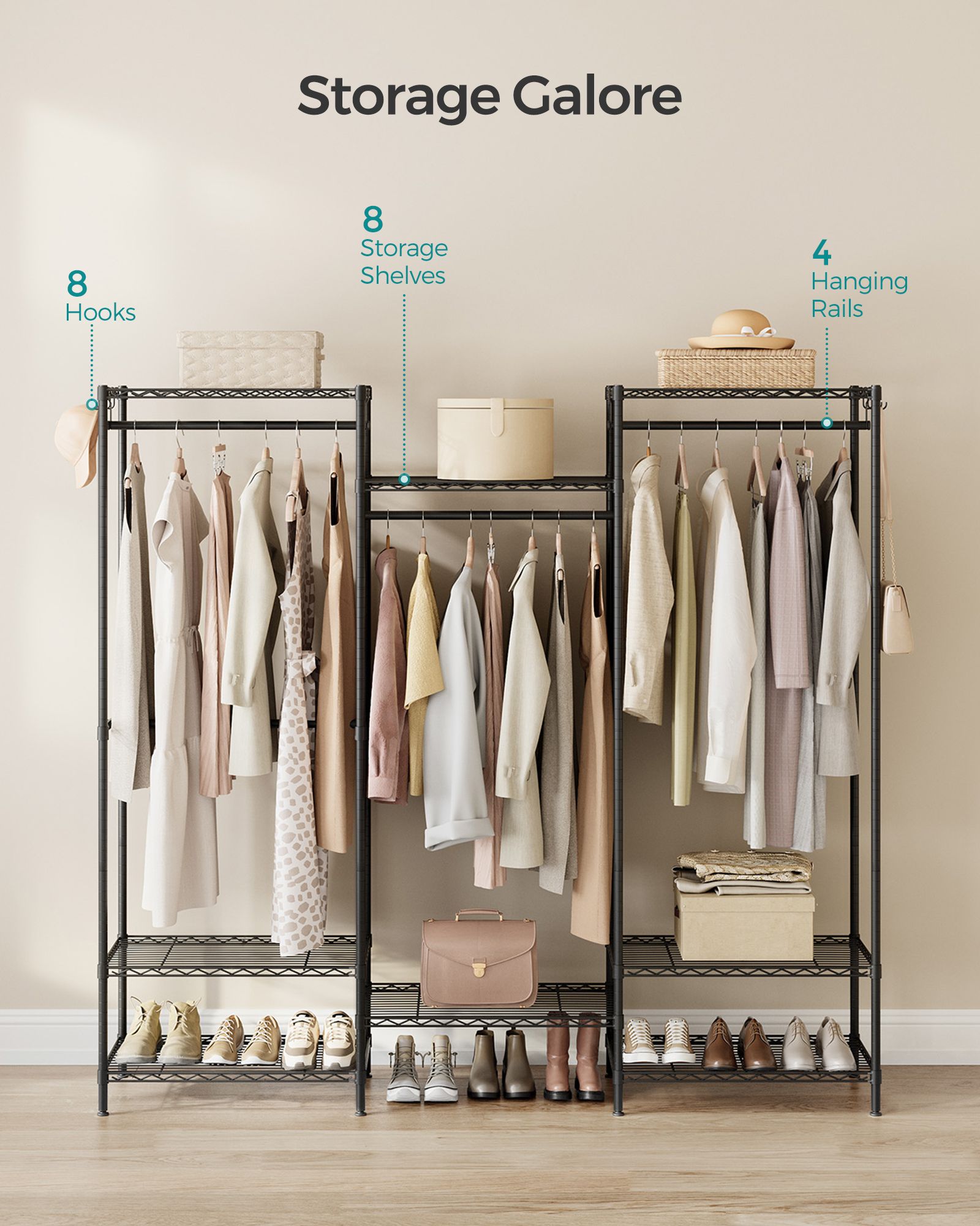 Portable Open Wardrobe – Metal – Ink Black – Heavy-Duty with Adjustable Shelves and Hooks