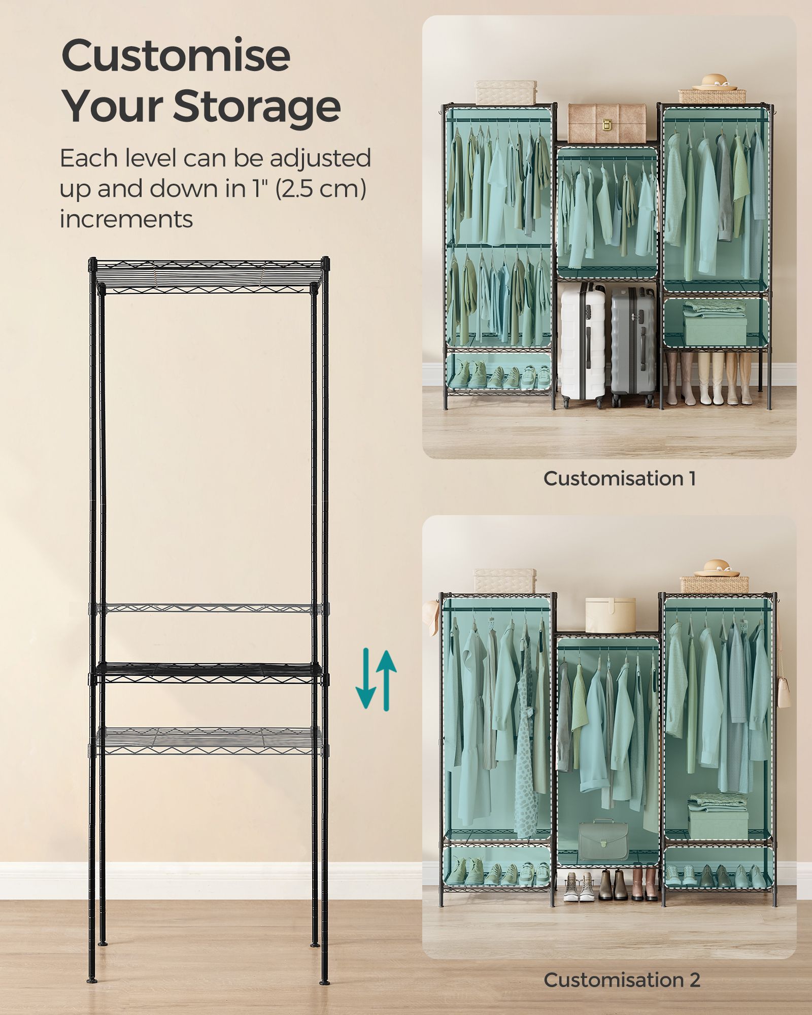 Portable Open Wardrobe – Metal – Ink Black – Heavy-Duty with Adjustable Shelves and Hooks