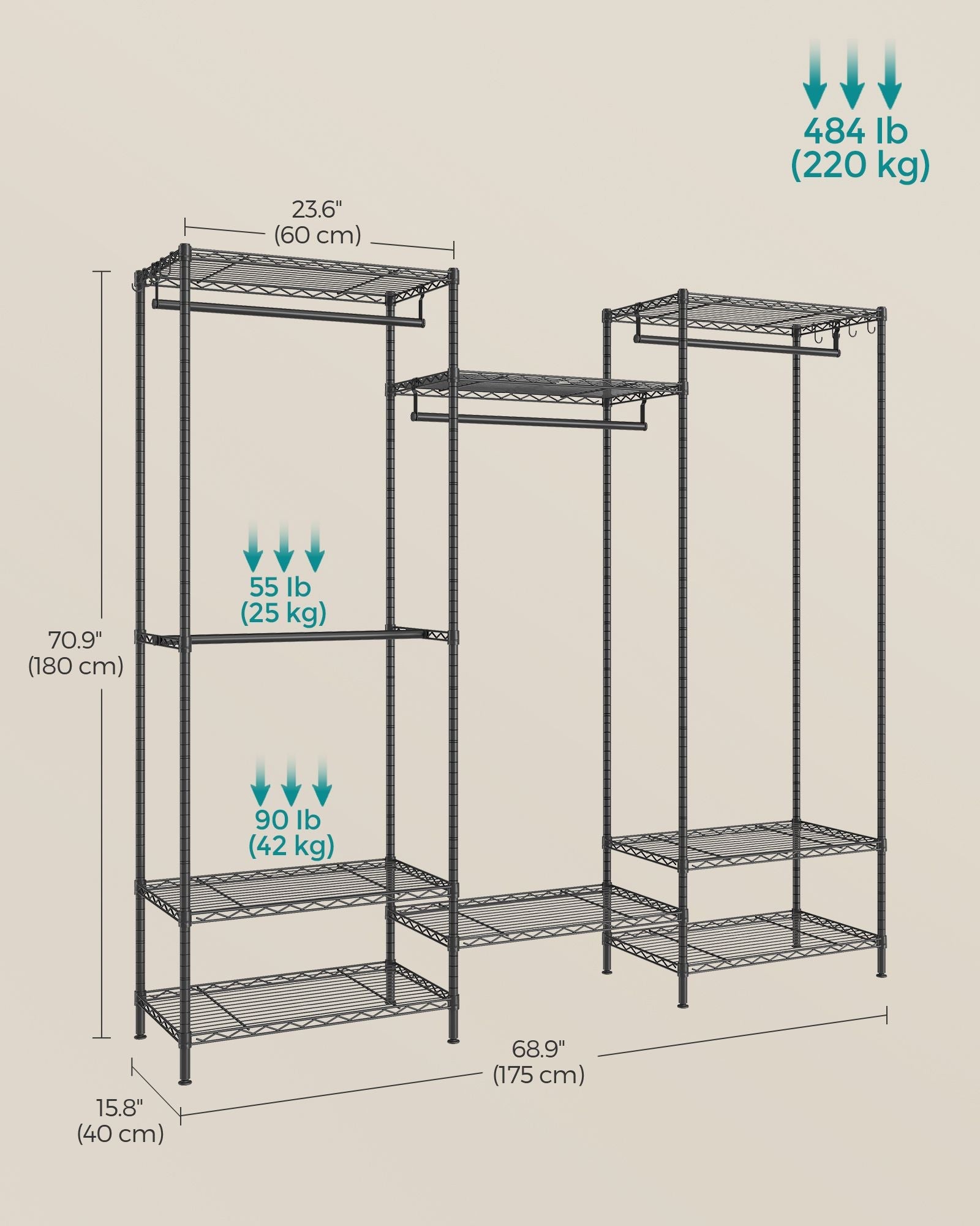 Portable Open Wardrobe – Metal – Ink Black – Heavy-Duty with Adjustable Shelves and Hooks