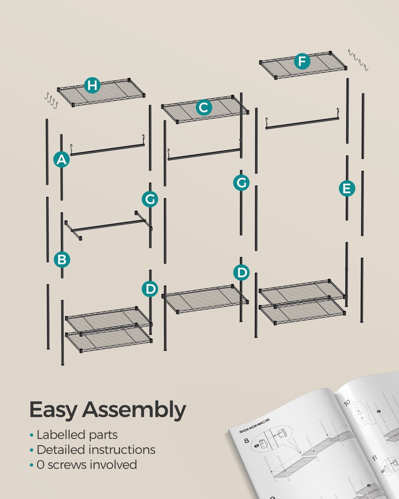 Portable Open Wardrobe – Metal – Ink Black – Heavy-Duty with Adjustable Shelves and Hooks