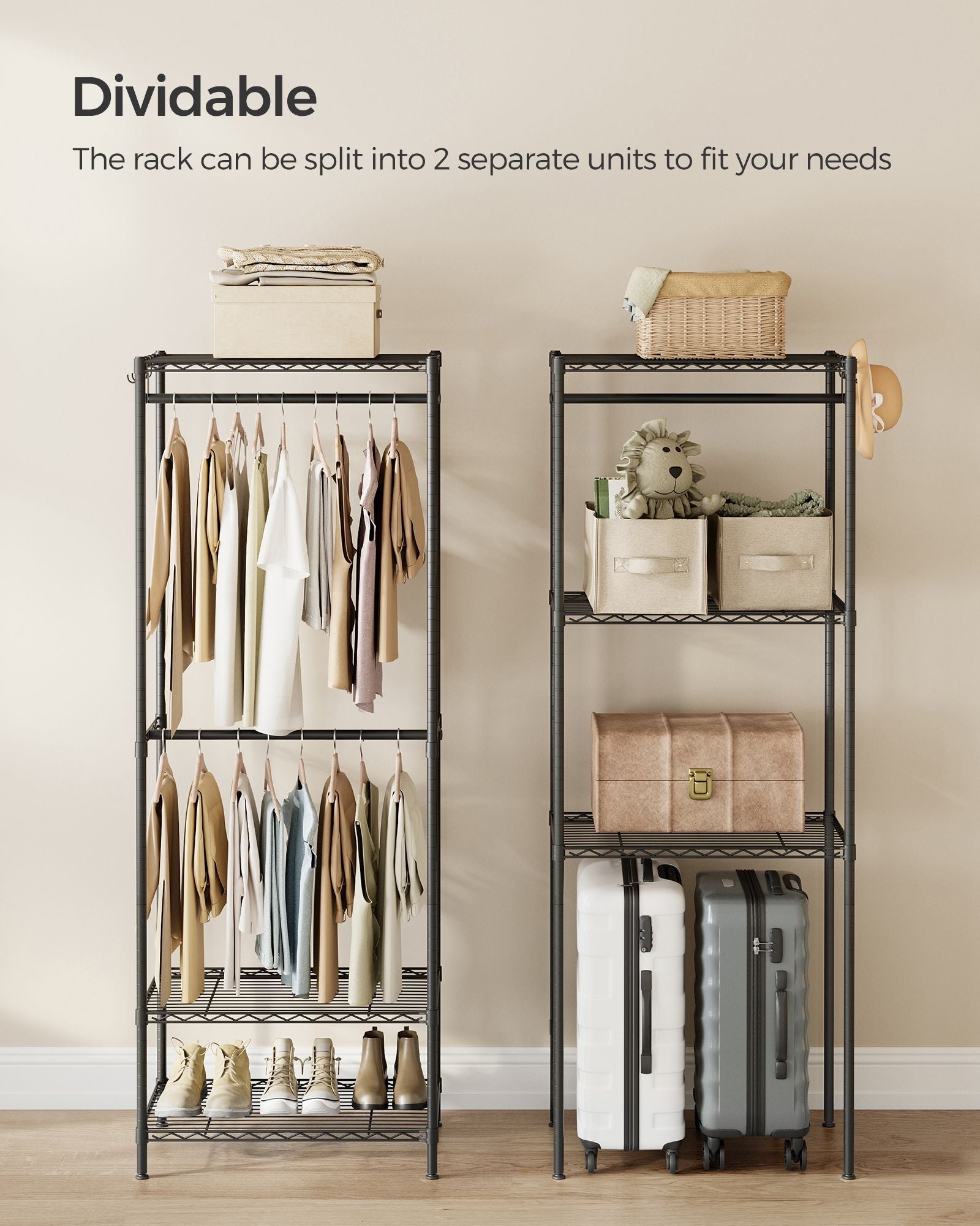 Portable Open Wardrobe – Metal – Ink Black – Heavy-Duty with Adjustable Shelves and Hooks