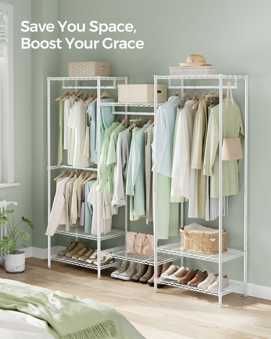Dividable Open Portable Wardrobe – Metal – Cloud White – Adjustable Shelves and Hanging Rails