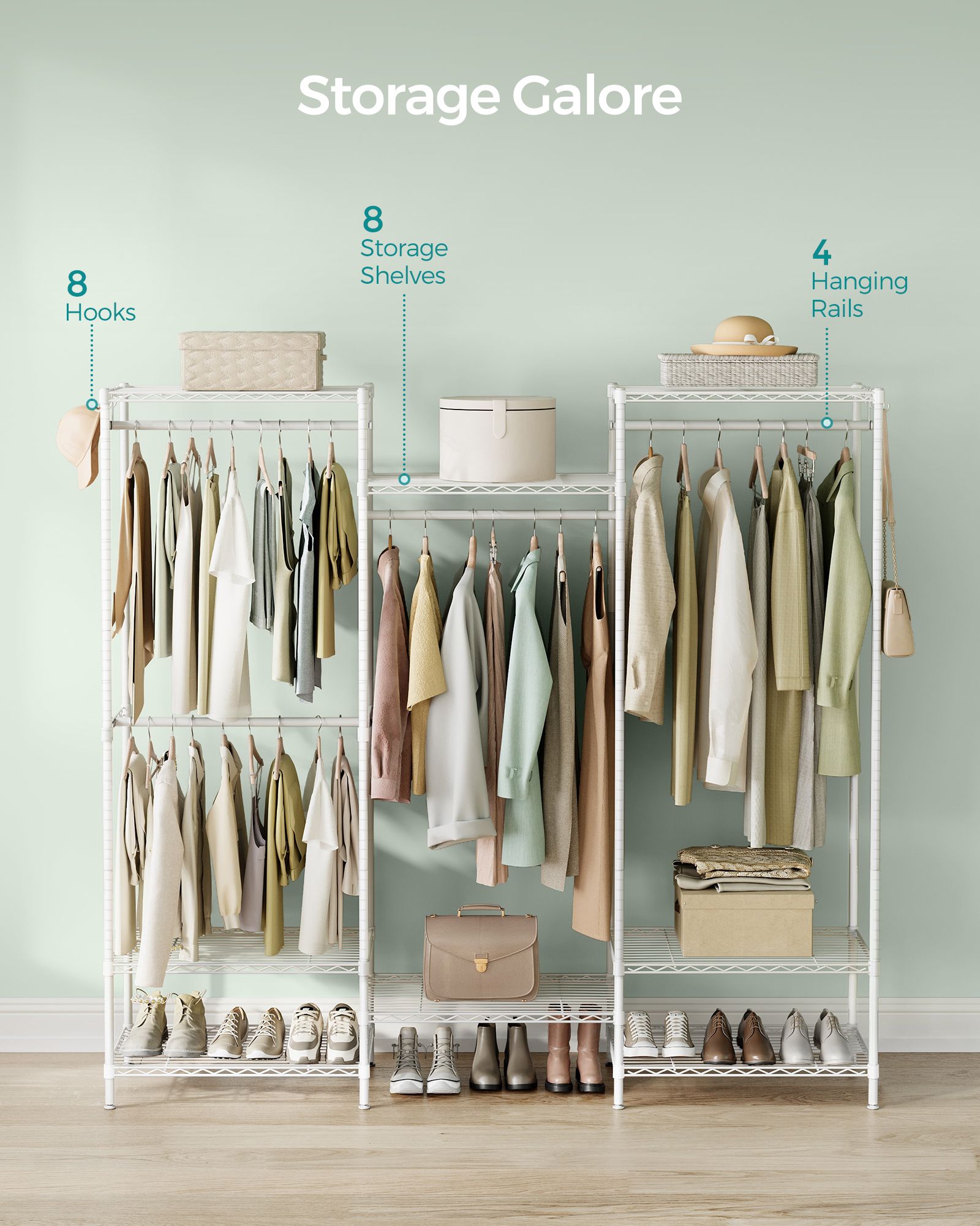 Dividable Open Portable Wardrobe – Metal – Cloud White – Adjustable Shelves and Hanging Rails
