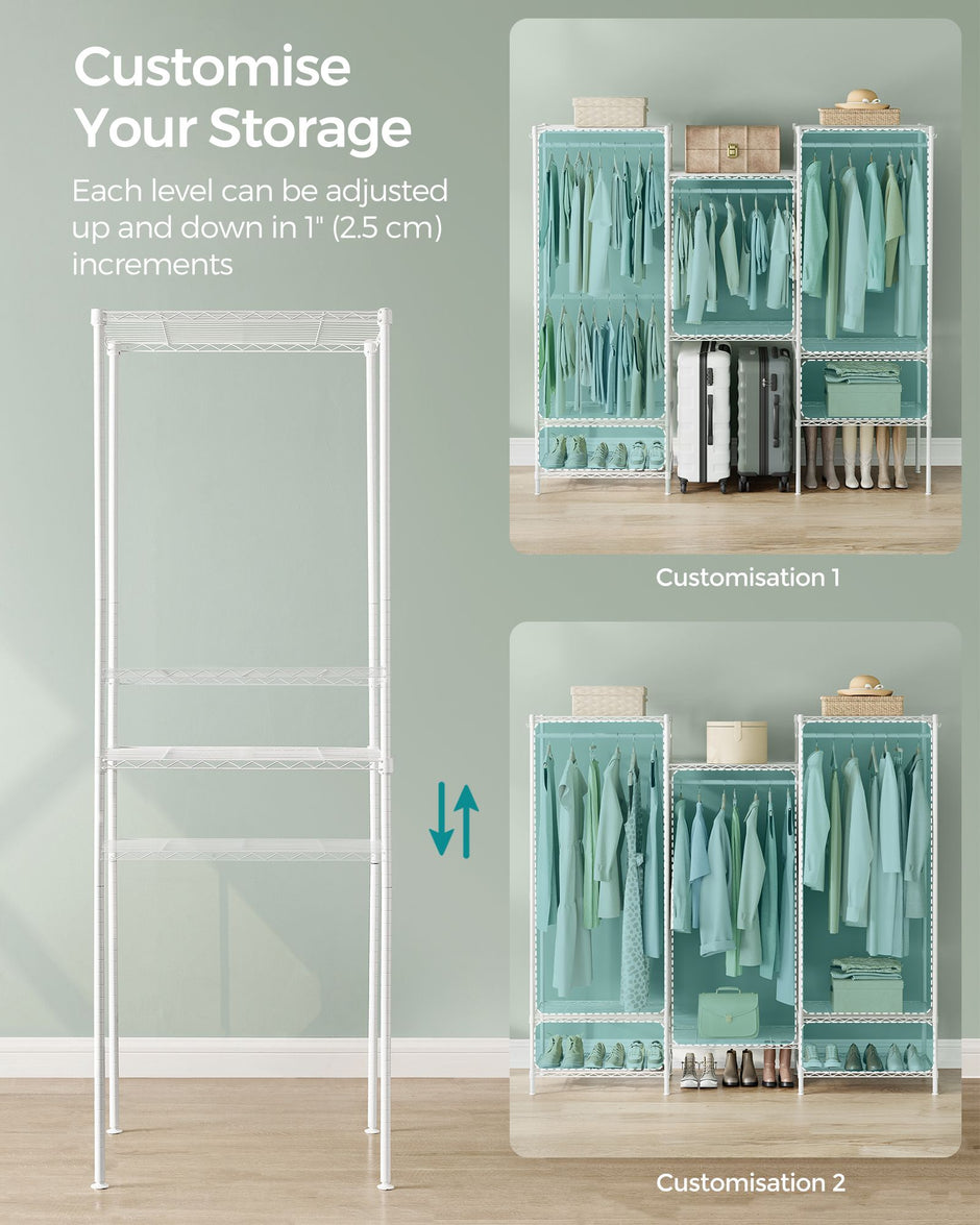 Dividable Open Portable Wardrobe – Metal – Cloud White – Adjustable Shelves and Hanging Rails