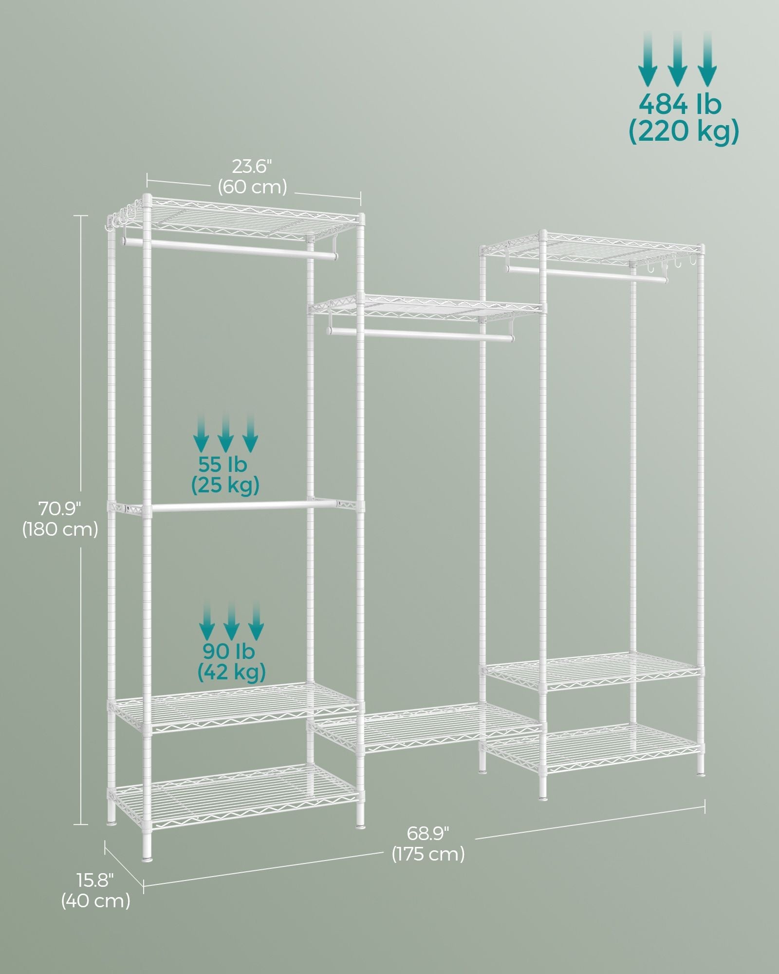 Dividable Open Portable Wardrobe – Metal – Cloud White – Adjustable Shelves and Hanging Rails