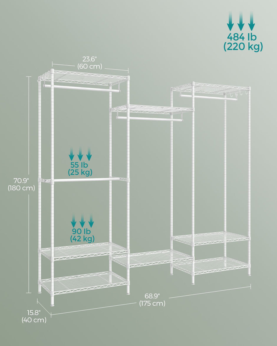 Dividable Open Portable Wardrobe – Metal – Cloud White – Adjustable Shelves and Hanging Rails