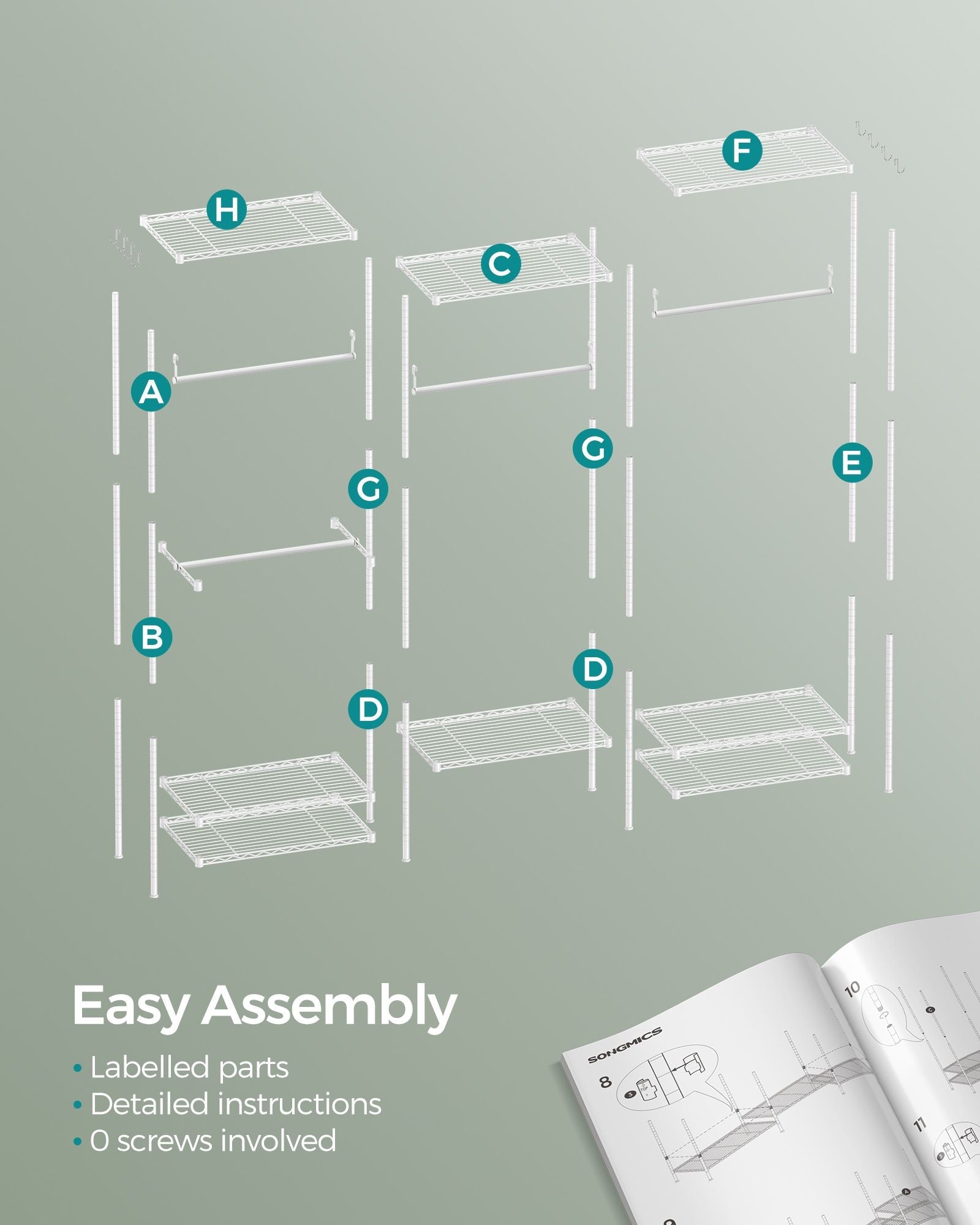 Dividable Open Portable Wardrobe – Metal – Cloud White – Adjustable Shelves and Hanging Rails