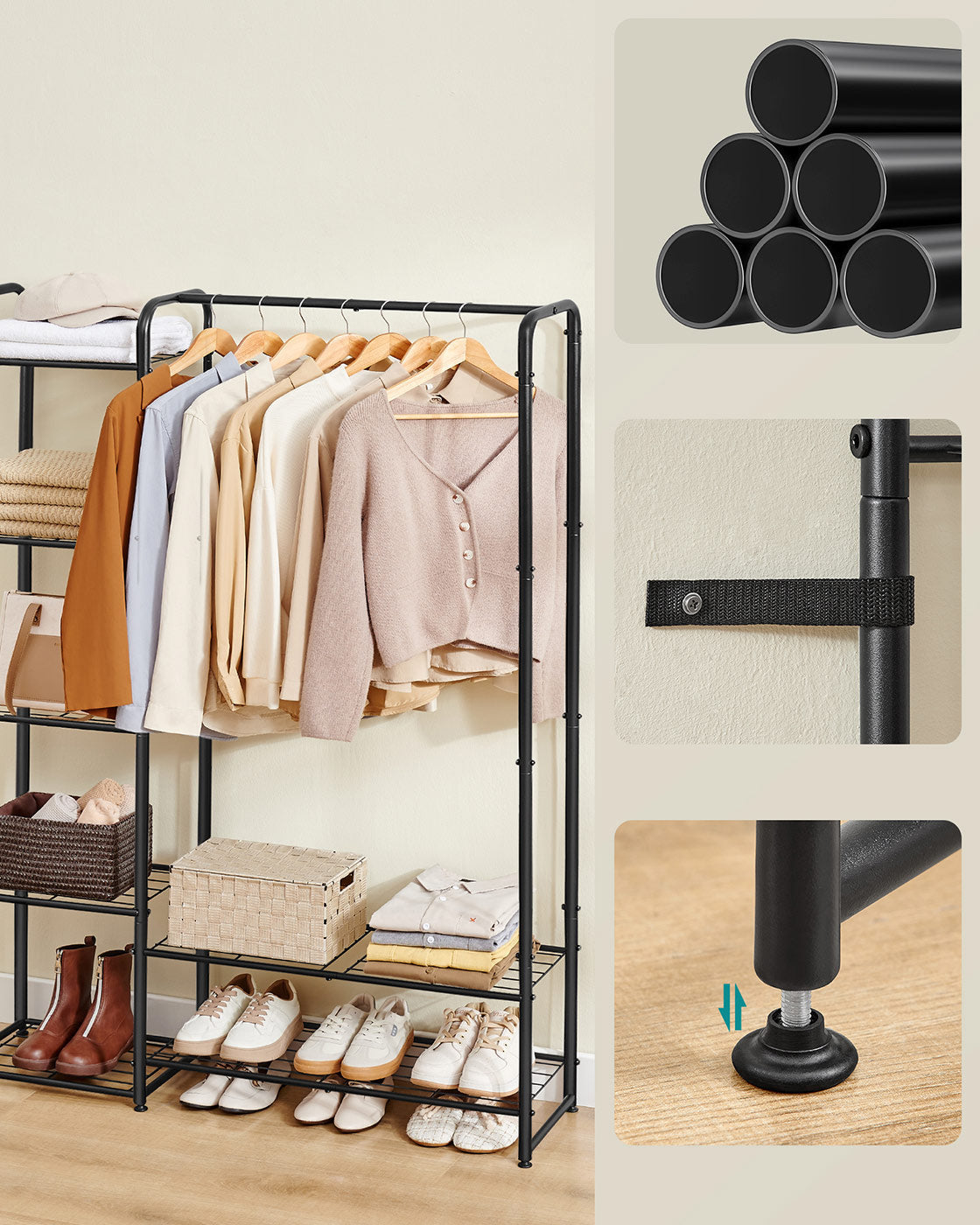 Open Wardrobe – Metal – Ink Black – Freestanding with Storage Shelves