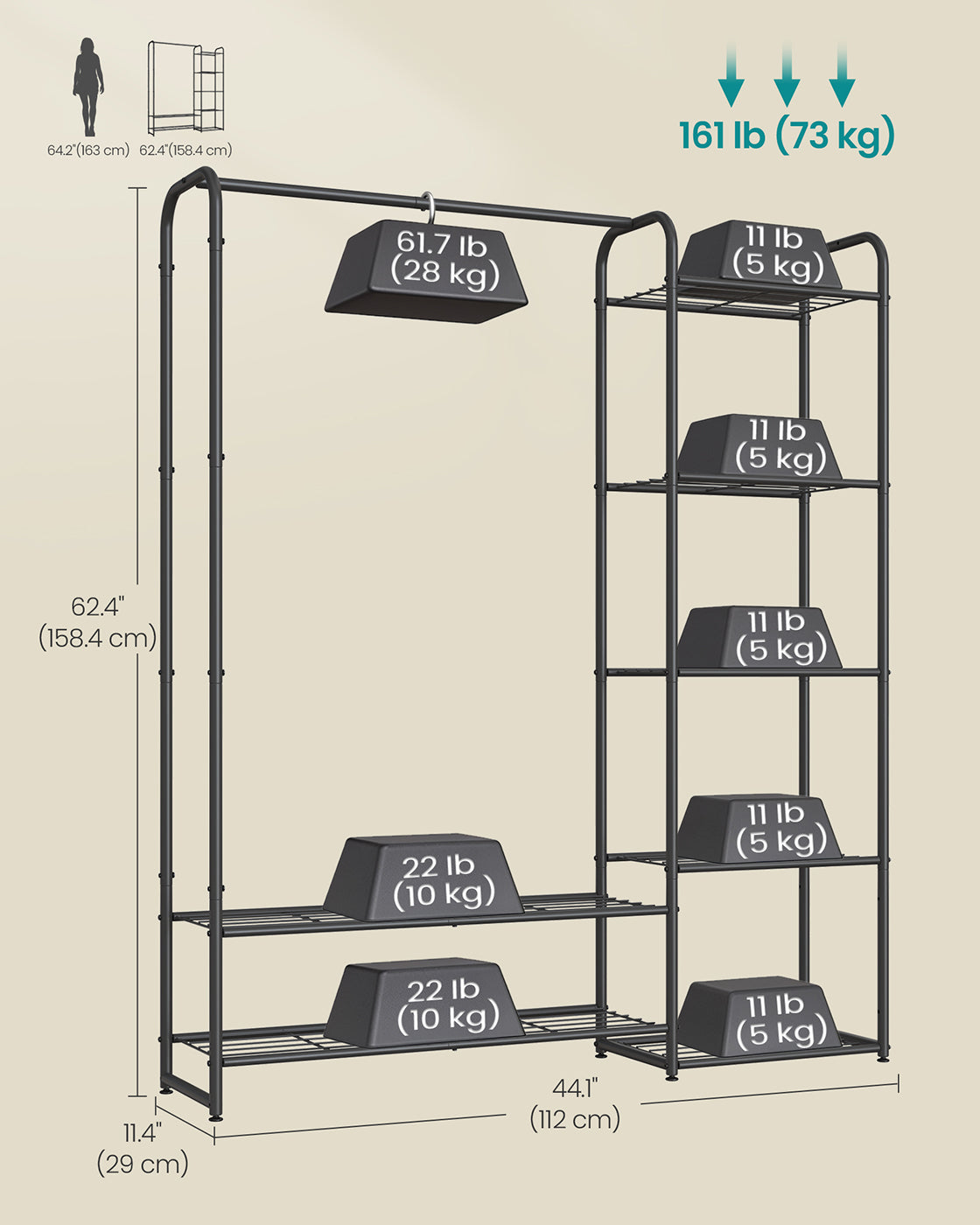 Open Wardrobe – Metal – Ink Black – Freestanding with Storage Shelves