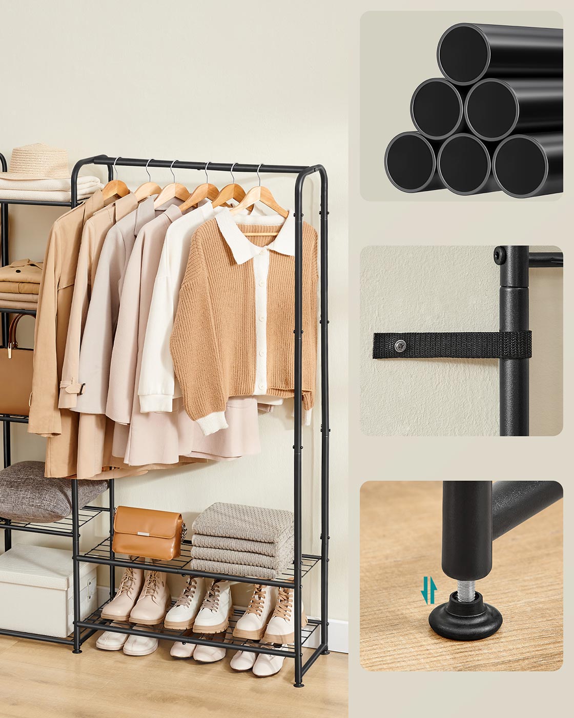 Open Wardrobe – Metal – Matt Black – Freestanding with Storage Shelves