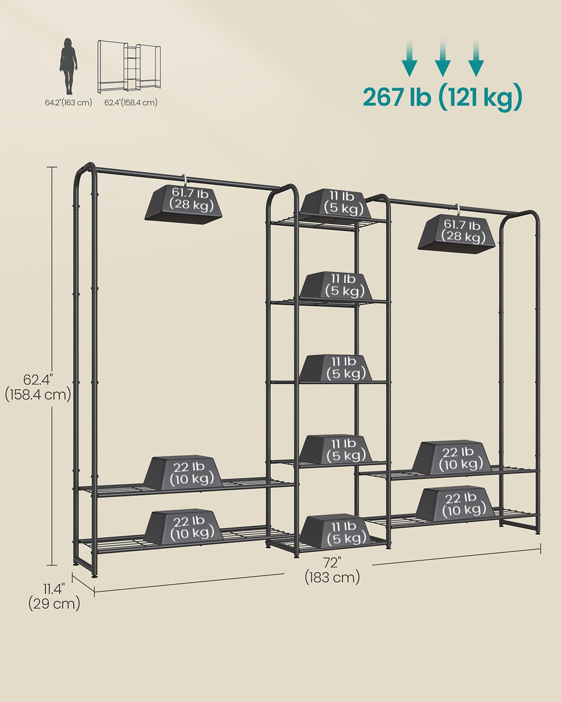 Open Wardrobe – Metal – Matt Black – Freestanding with Storage Shelves