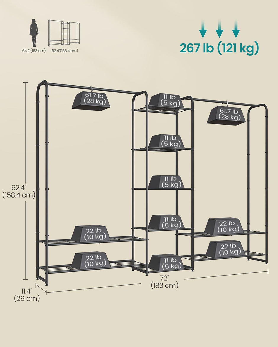 Open Wardrobe – Metal – Matt Black – Freestanding with Storage Shelves