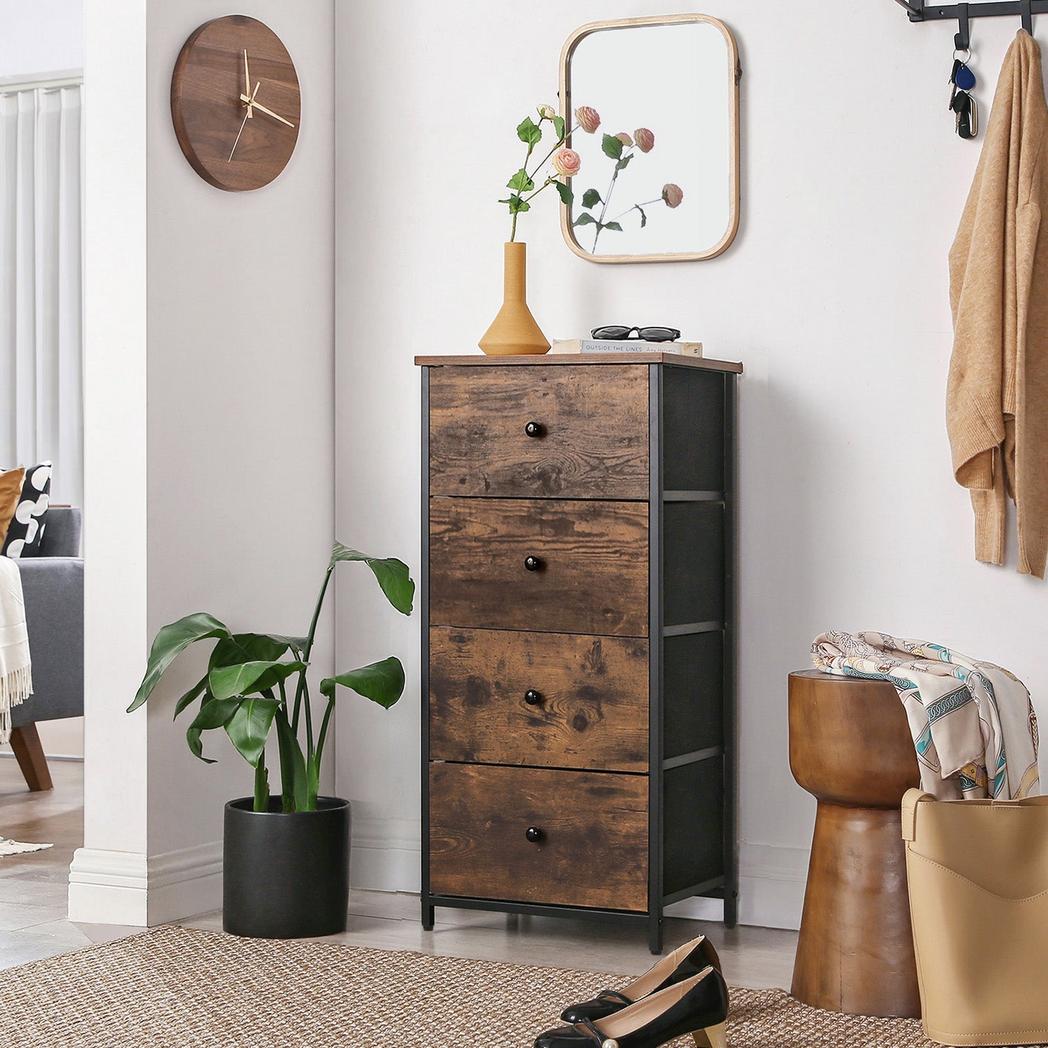 Drawer Storage Unit – Fabric – Light Grey and White – Slim Design with Metal Frame
