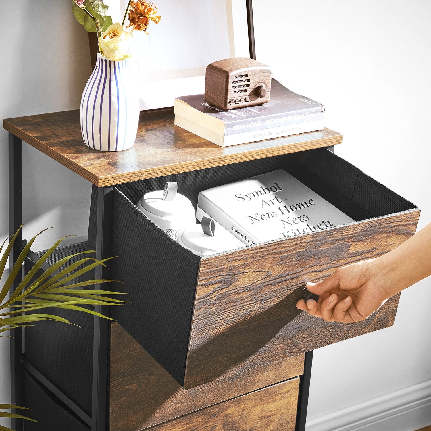 Drawer Storage Unit – Fabric – Light Grey and White – Slim Design with Metal Frame