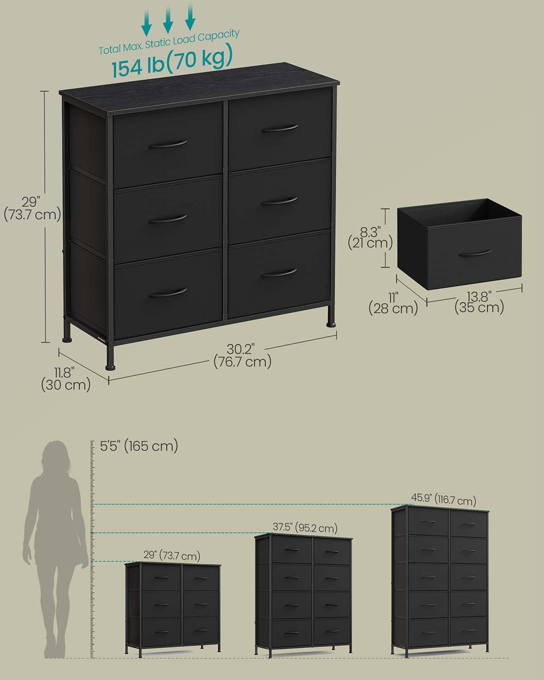 6 Drawer Chest – Steel & MDF – Ink Black & Ebony Black – Versatile Fabric Storage Unit