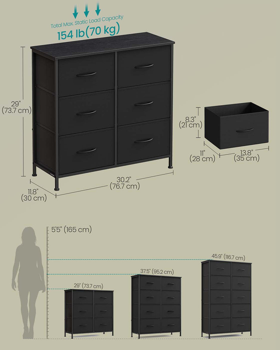 6 Drawer Chest – Steel & MDF – Ink Black & Ebony Black – Versatile Fabric Storage Unit