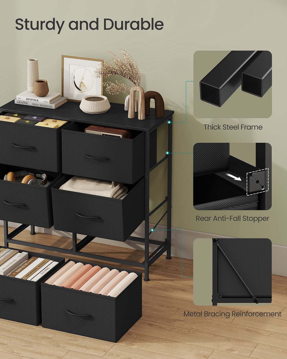 6 Drawer Chest – Steel & MDF – Ink Black & Ebony Black – Versatile Fabric Storage Unit