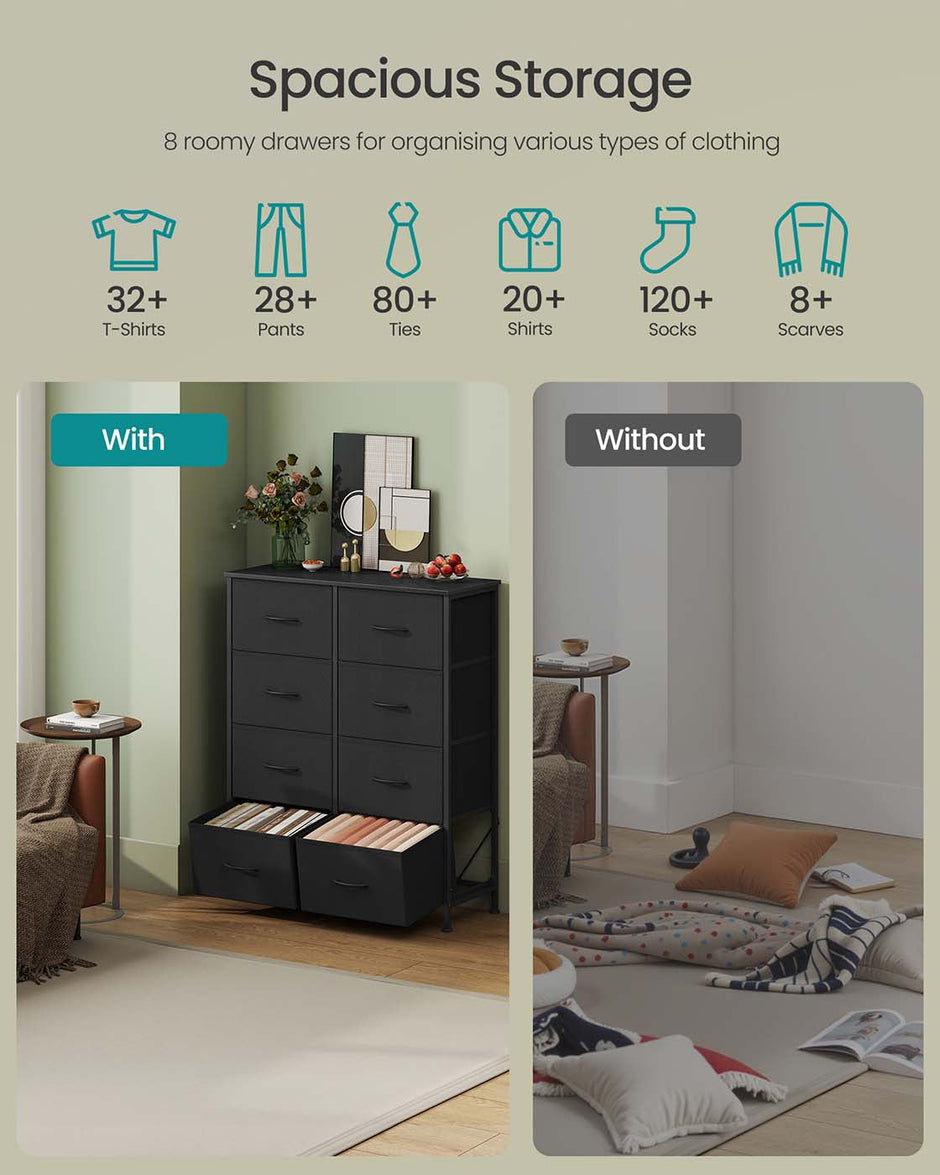Fabric Storage Unit – Steel and MDF – Ink Black and Ebony Black – 8 Drawer Design
