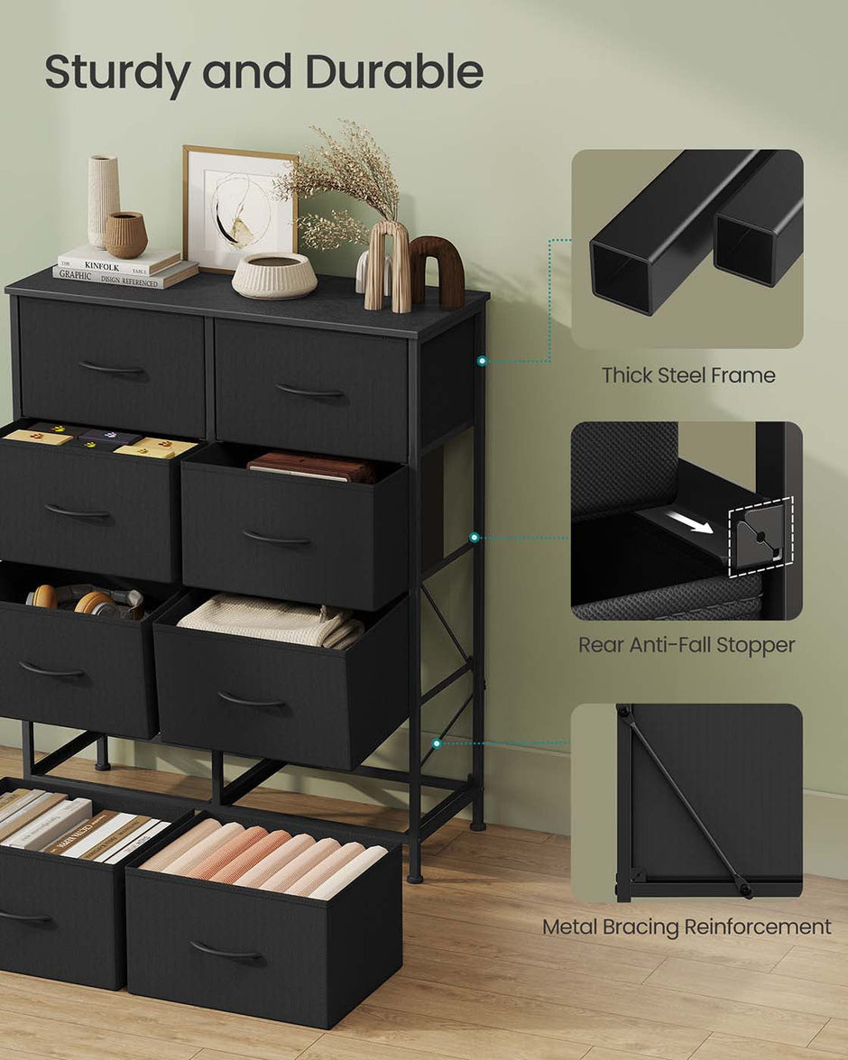 Fabric Storage Unit – Steel and MDF – Ink Black and Ebony Black – 8 Drawer Design