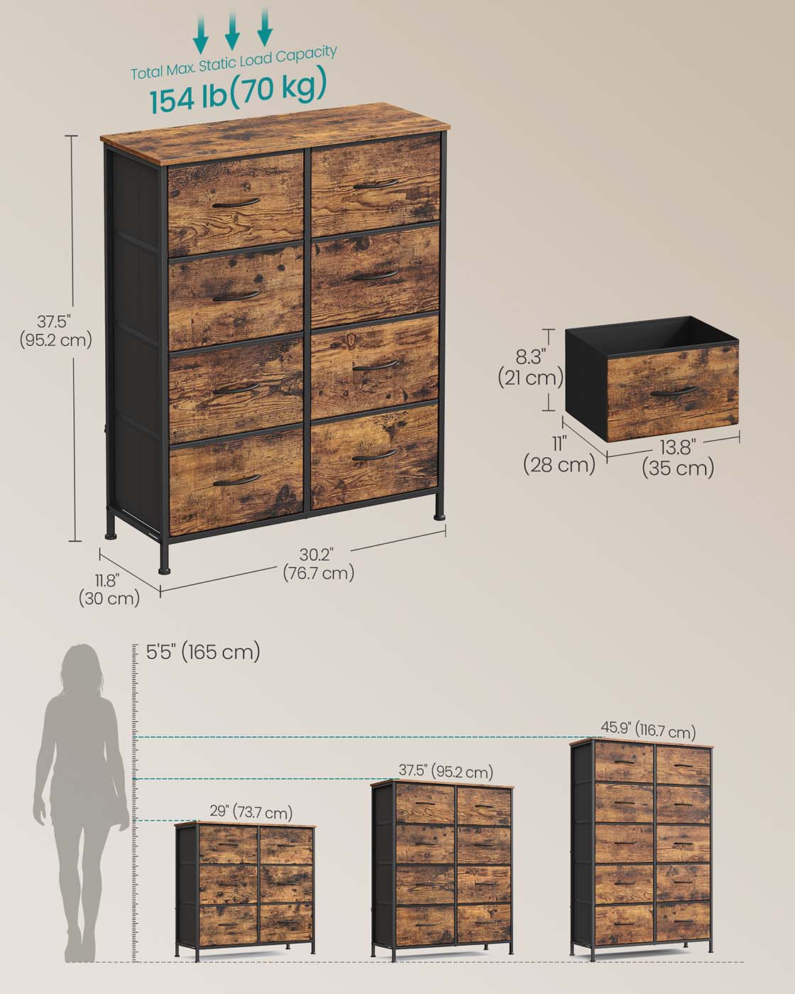 Fabric Storage Unit – Steel and MDF – Ink Black and Ebony Black – 8 Drawer Design
