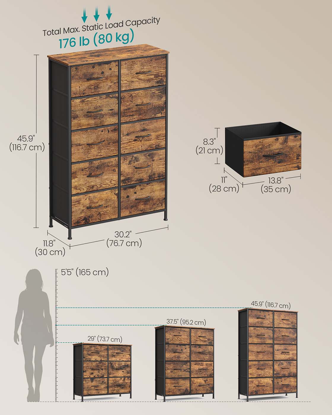 Fabric Storage Unit – Steel and MDF – Ink Black and Ebony Black – 6 Drawer Design